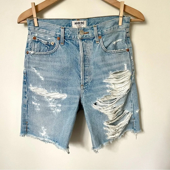 Agolde  Distressed Bermuda Cut Denim Shorts - Picture 1 of 7
